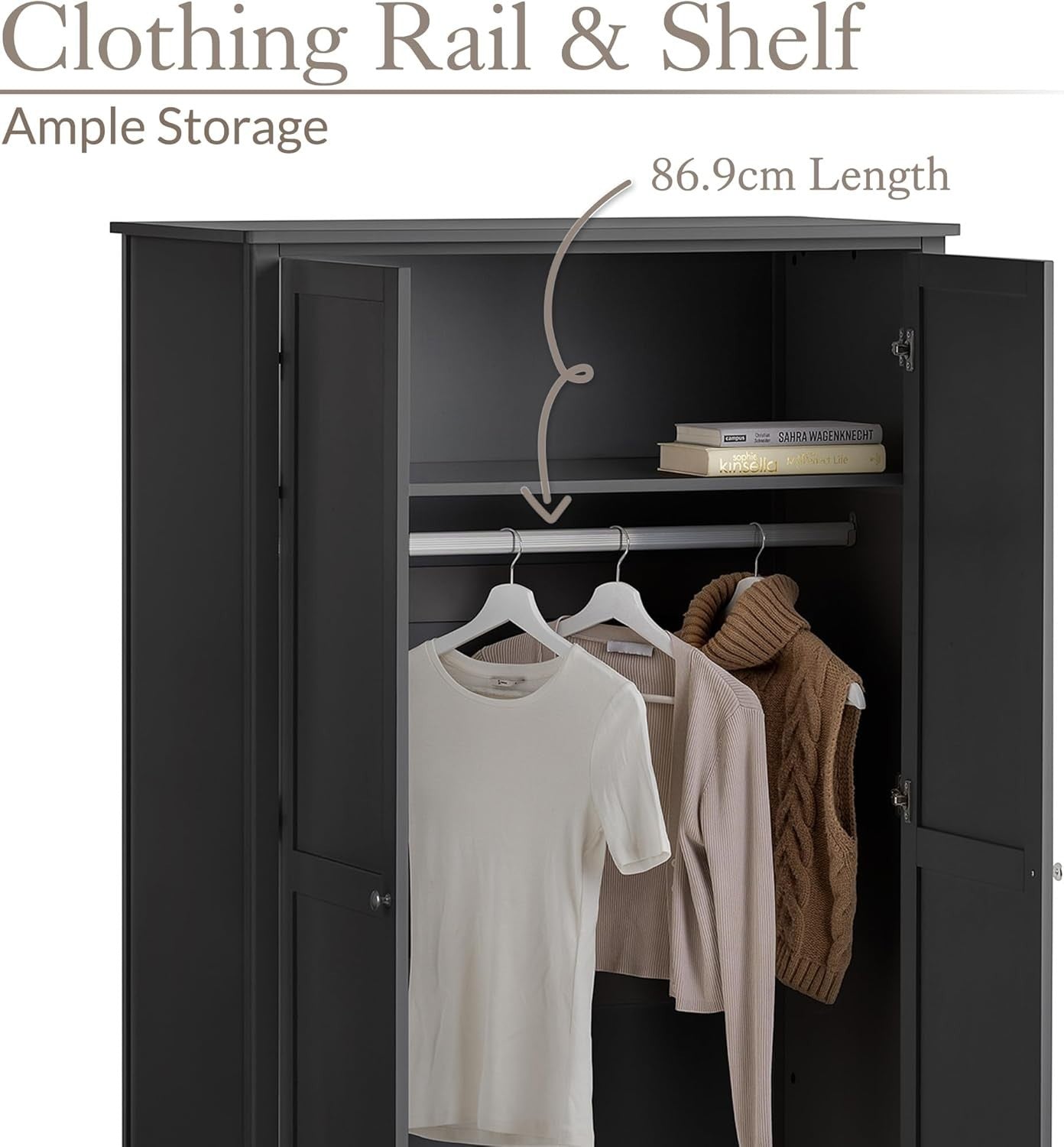 Black Double Wardrobe with Drawer | Soft Close Doors | Clothes Rail Storage