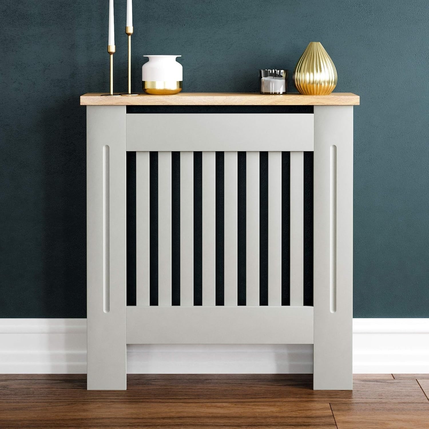 Small Olive Grey Radiator Cover Cabinet MDF Slatted Grill with Wood Top Shelf