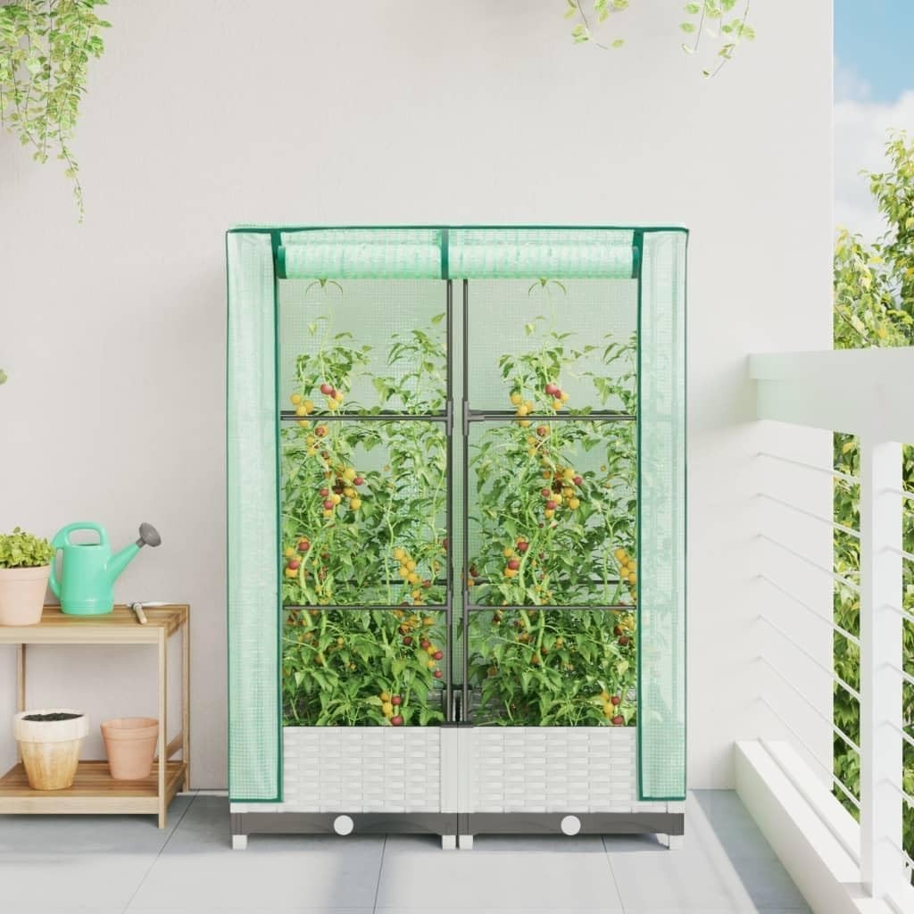 Raised Garden Planter with Greenhouse Cover 80x40x123cm | White Rattan Look