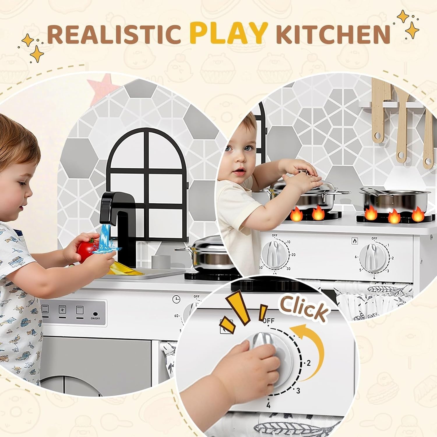 Kids Wooden Play Kitchen w/ Real Sound Stove White Toy Set