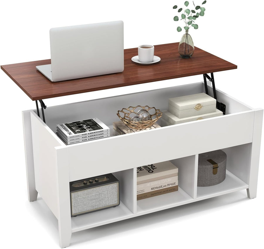 Lift Up Coffee Table with Hidden Storage & 3 Open Cubes, 105x52x49cm