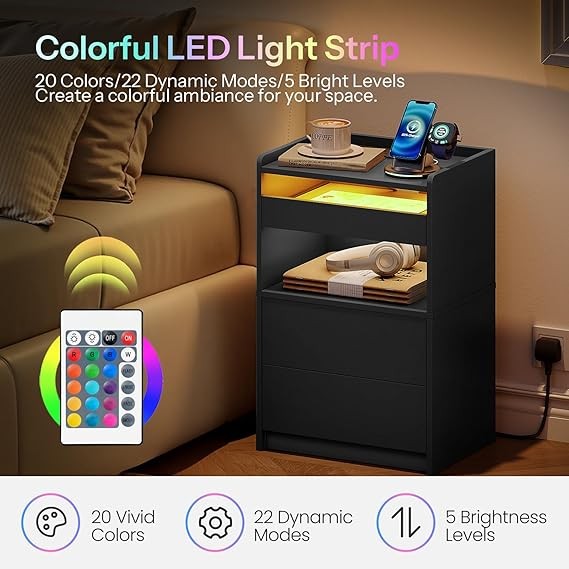 Modern LED Bedside Table with Charging Station, 3 Drawer Nightstand Black