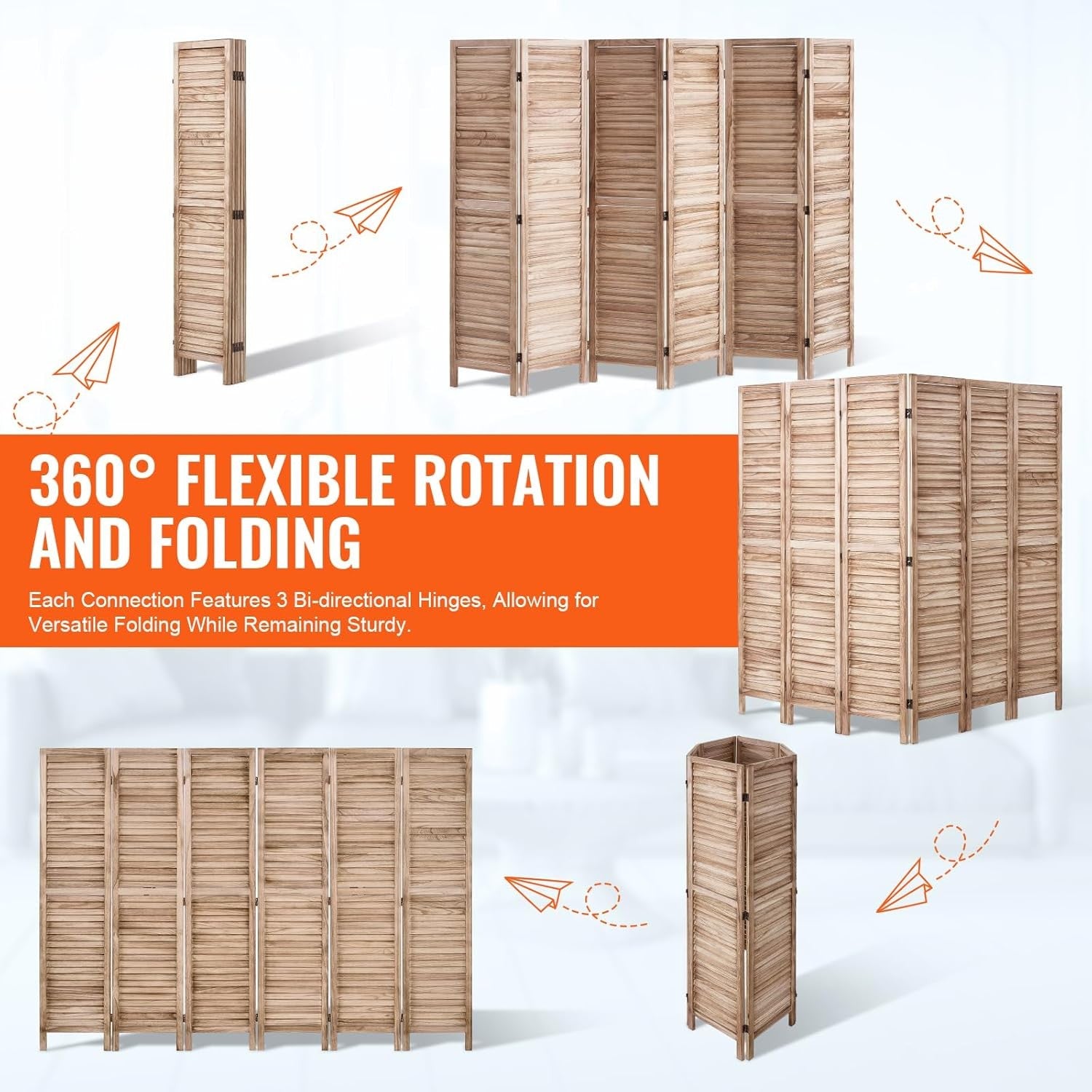 6 Panel Wooden Folding Room Divider Natural Privacy Screen 240x170cm