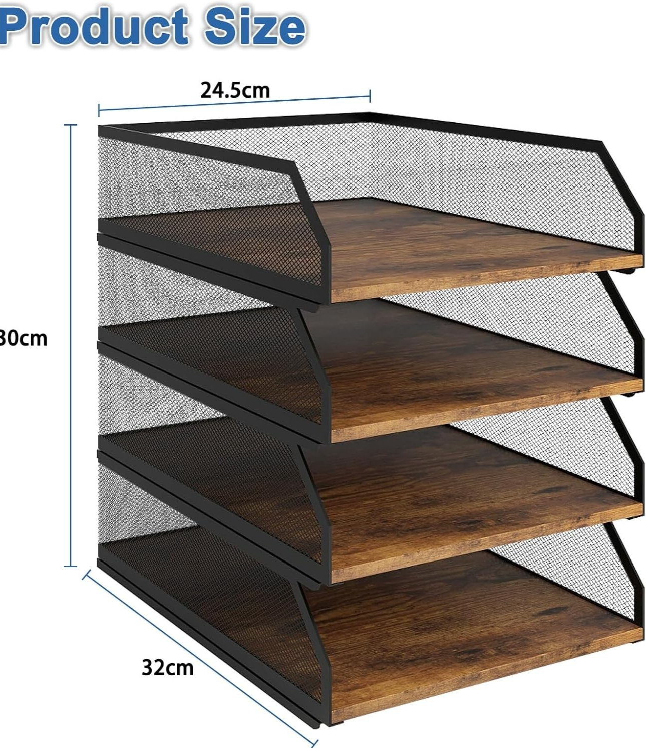 4-Tier Stackable Desk Paper Tray Organizer Metal & Wood Desktop Rack