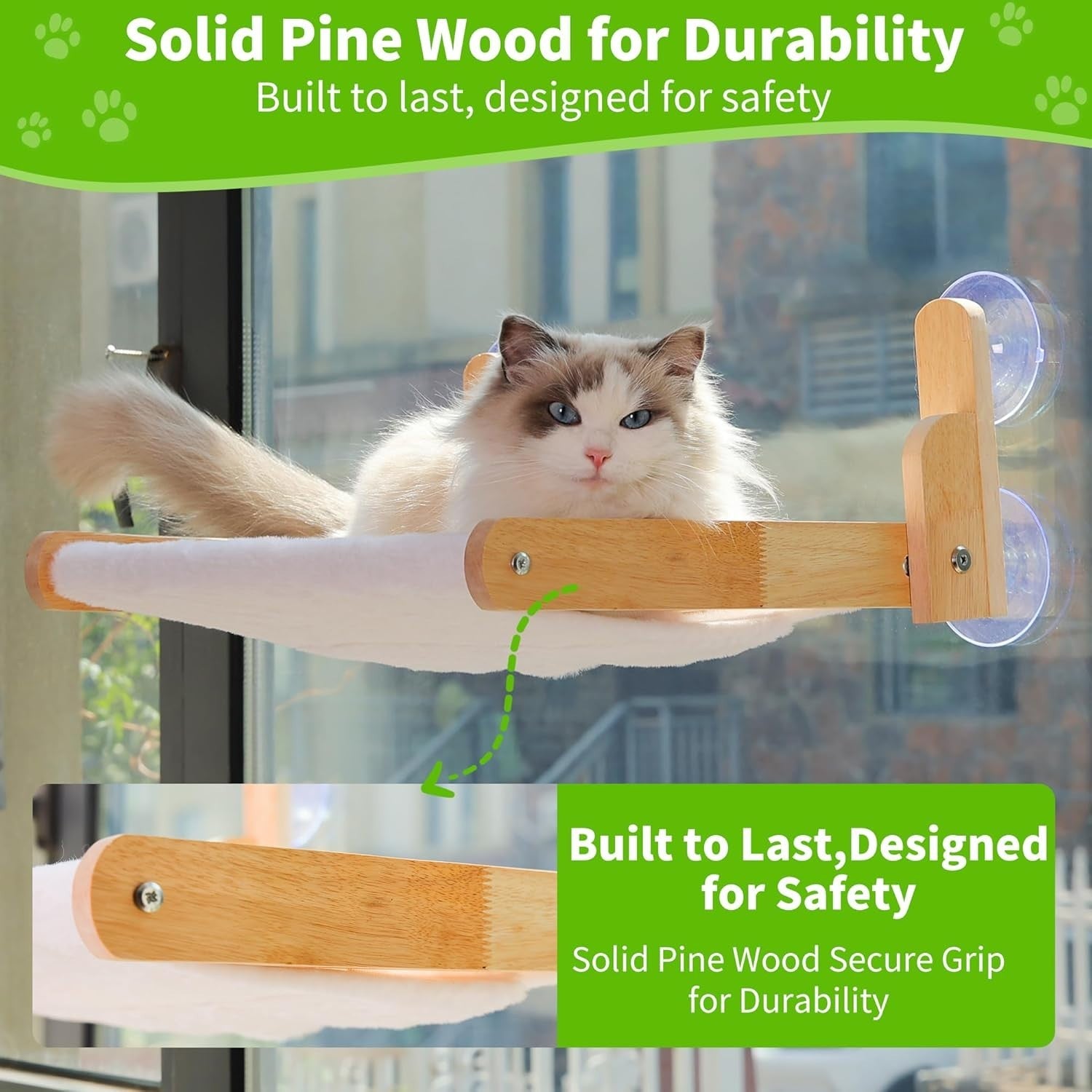 Foldable Cat Window Perch Hammock Wood Frame w Rabbit Fur Cover