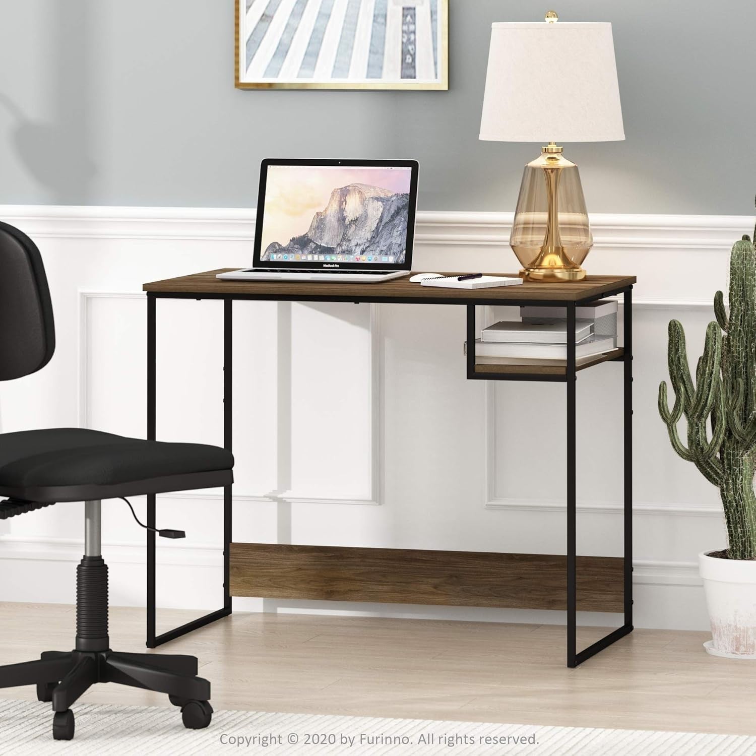 Modern Study Desk with Storage Shelf, Compact Walnut Computer Table 90x51x75cm