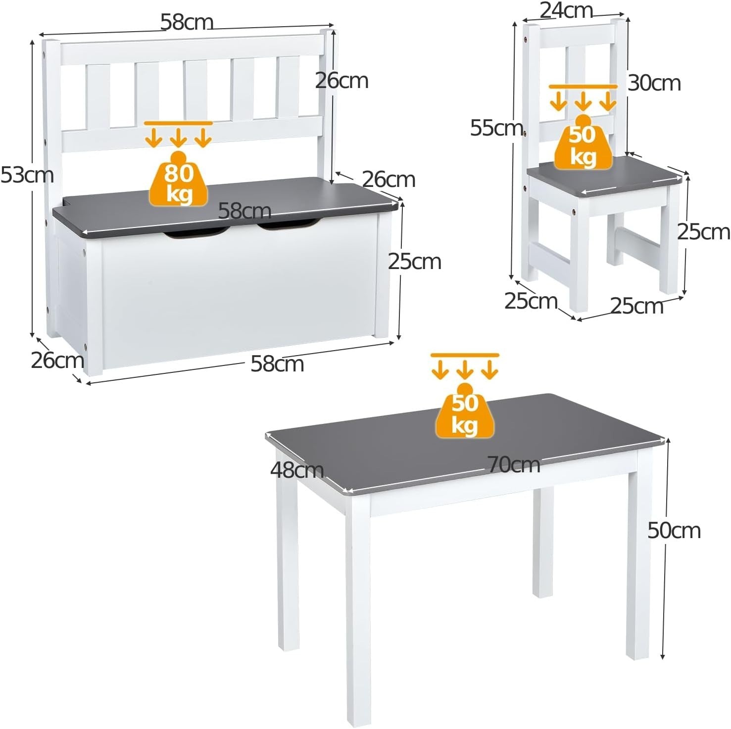 Kids Wooden Table Chair Set with Storage Bench – Grey Toddler Activity Desk