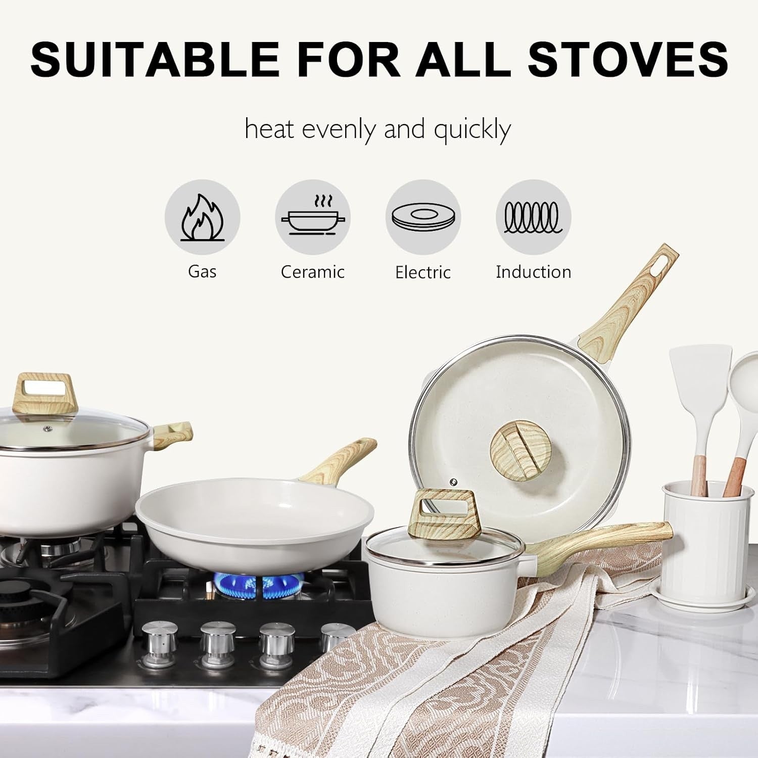 18Pcs White Ceramic Non-Stick Cookware Set with Glass Lids & Utensils, PFAS-Free