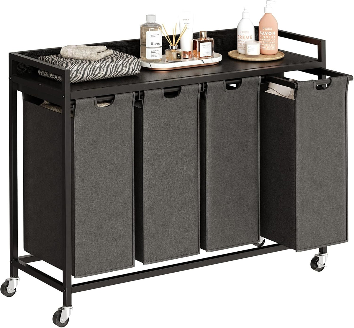 4 Section Laundry Hamper with Shelf Removable Bags Wheels Black Grey 240L
