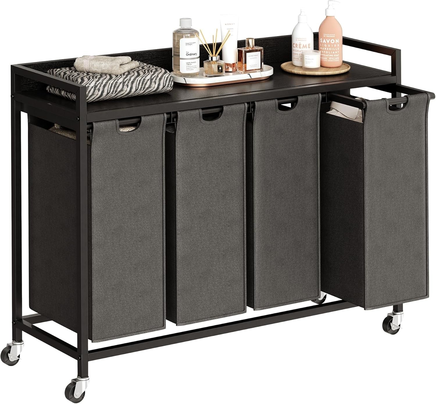 4 Section Laundry Hamper with Shelf Removable Bags Wheels Black Grey 240L