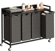 4 Section Laundry Hamper with Shelf Removable Bags Wheels Black Grey 240L