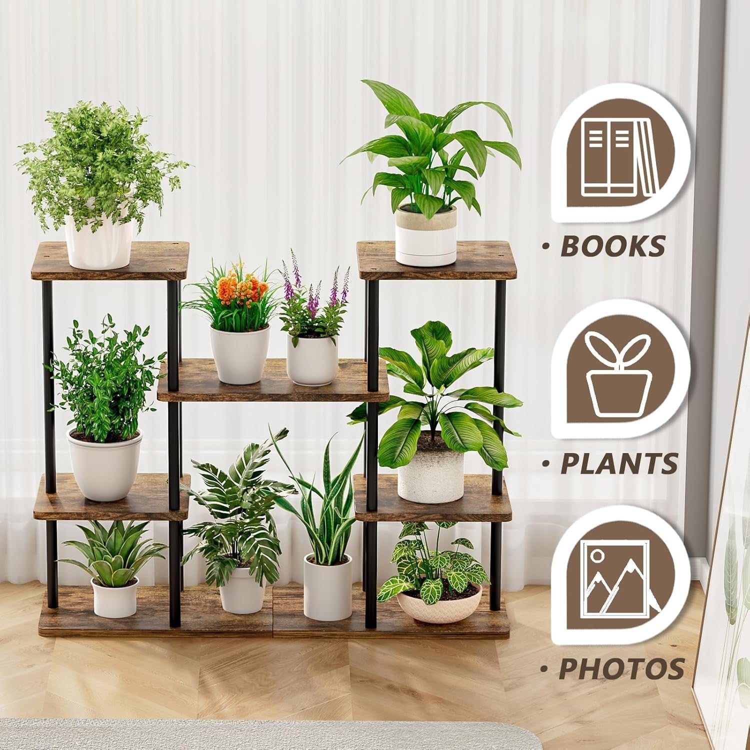 6 Tier Metal Wood Plant Stand Indoor Outdoor Corner Flower Pot Shelf Rack