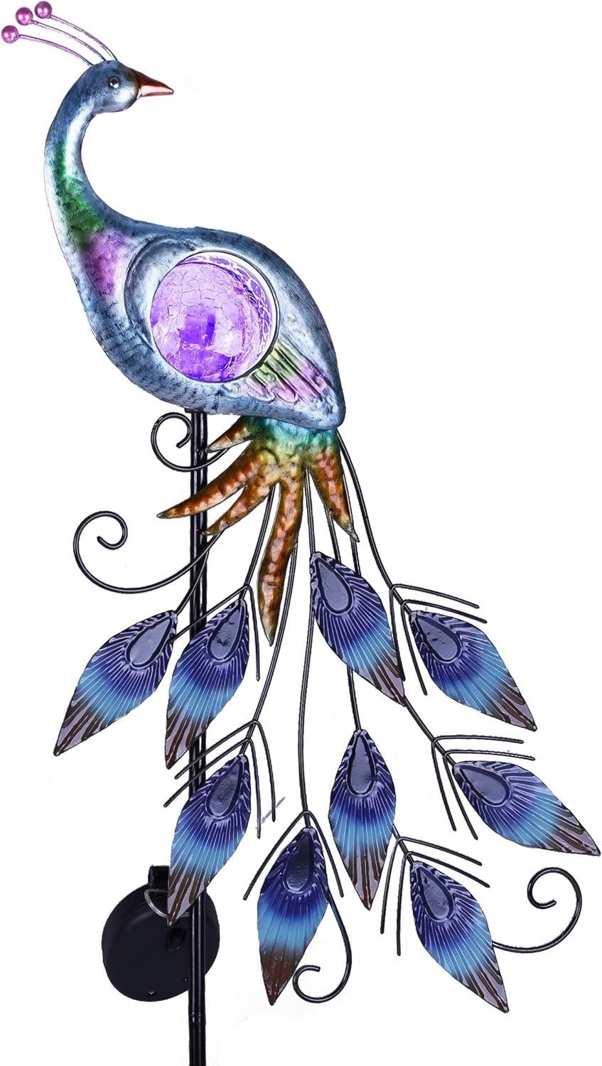 Solar Peacock Garden Ornament 61cm | Metal Crackle Glass Light Outdoor Yard