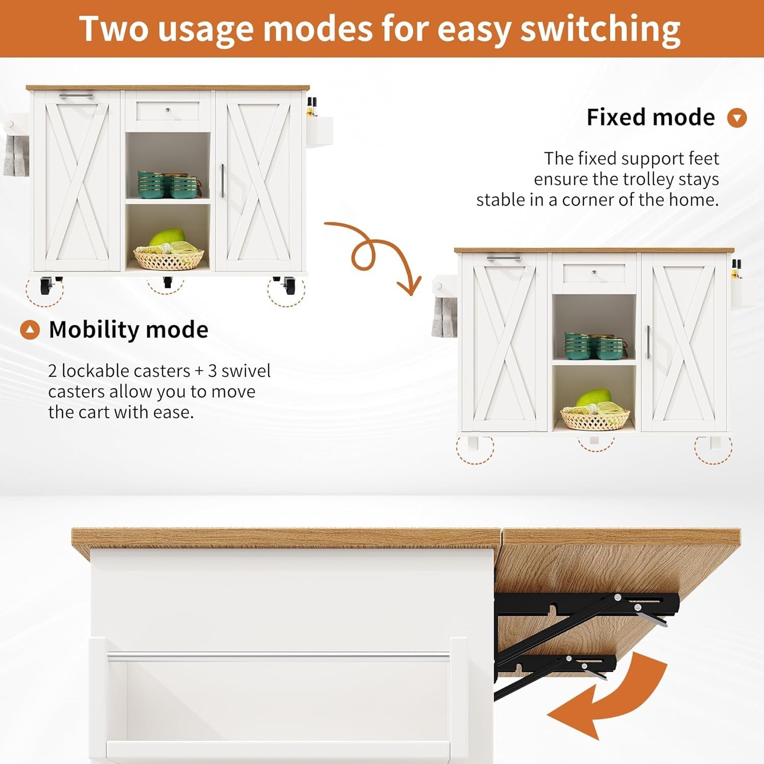 Kitchen Island Trolley on Wheels Expandable Worktop Drawer Storage White