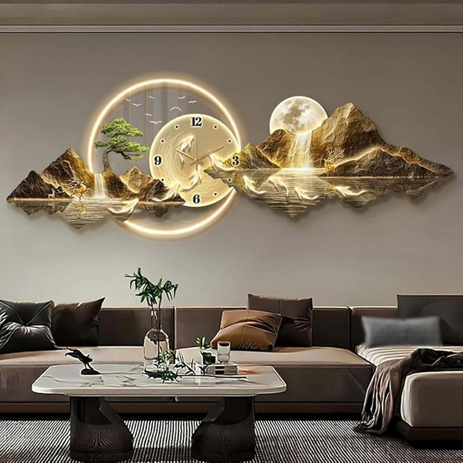 3D Metal Wall Art with LED Light & Clock 120x40cm Decor