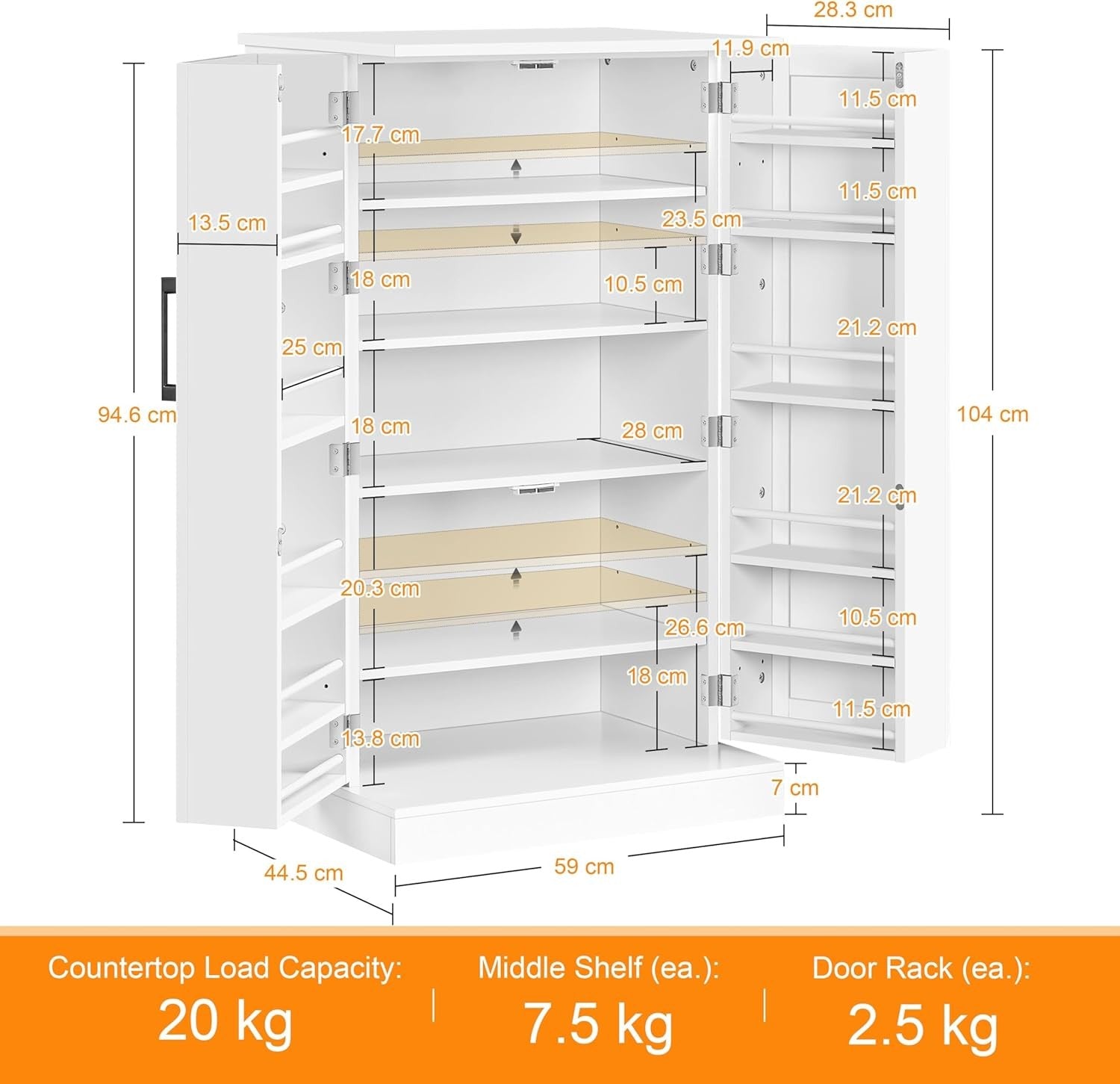 White Kitchen Cupboard 6 Shelf Freestanding Wooden Pantry Storage Unit