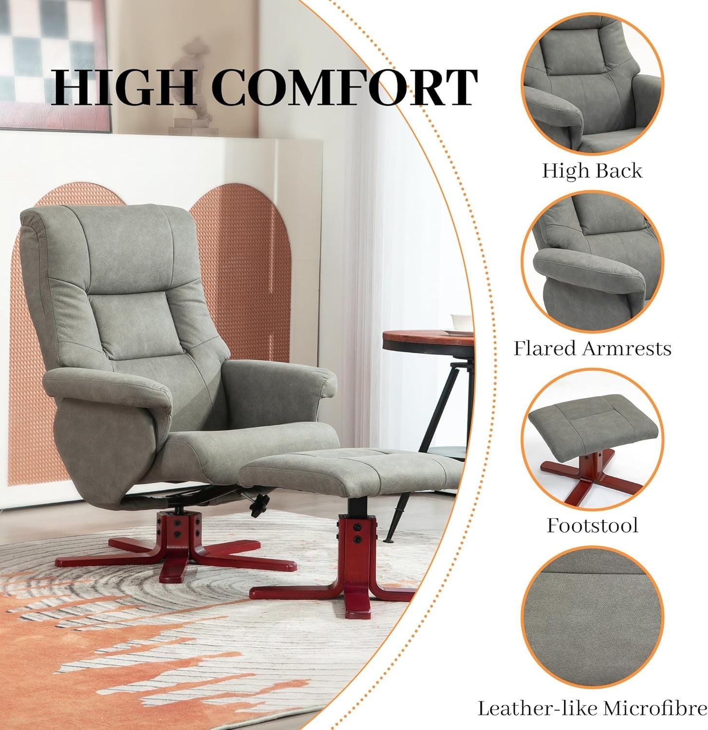 Grey Recliner Armchair with Footstool Adjustable Lounge Chair for Bedroom