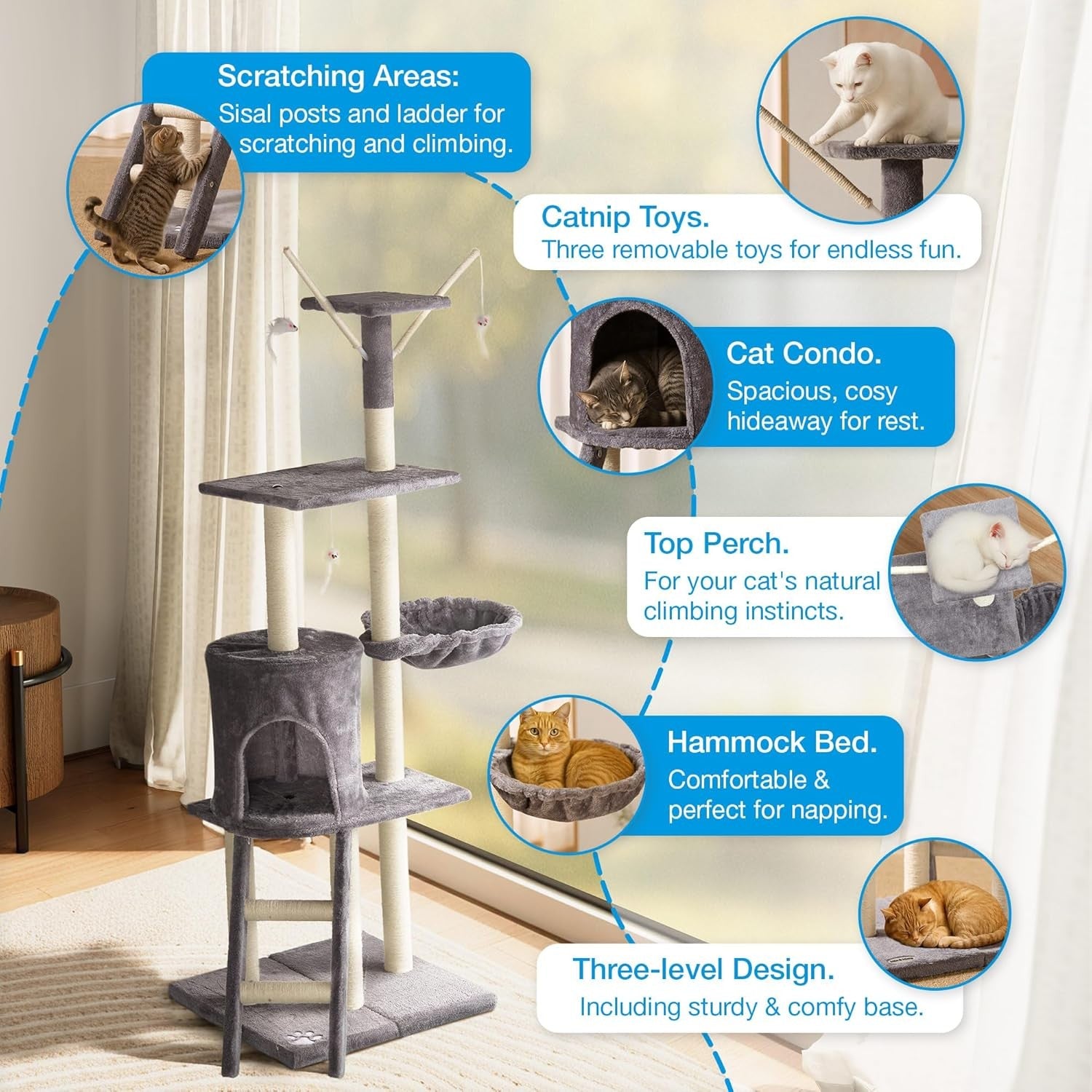 Cat Tree 146cm Multi Level Tower With Scratching Posts Condo & Hammock Grey