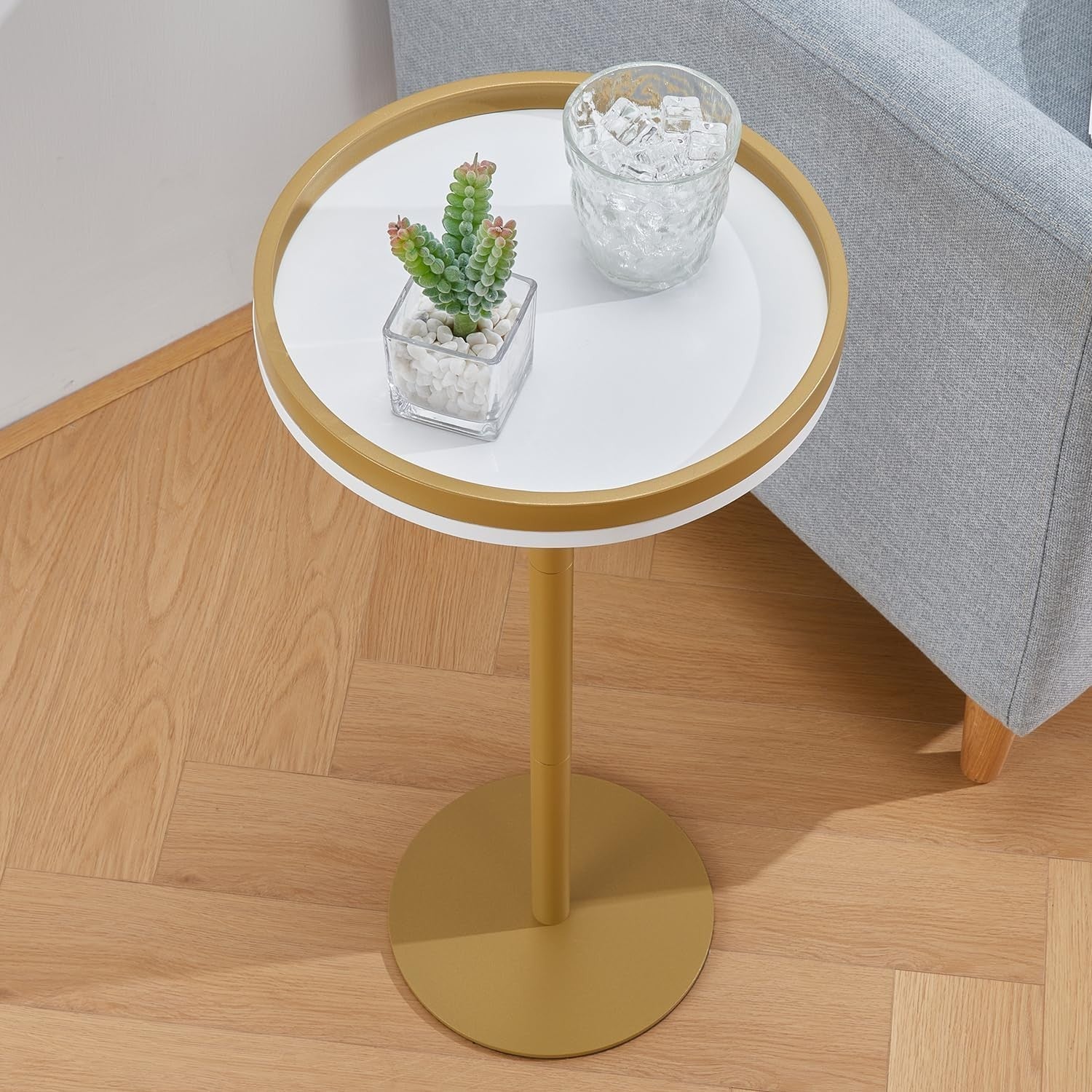 Small Round Coffee Table – 30x30x63cm Side Table White + Gold