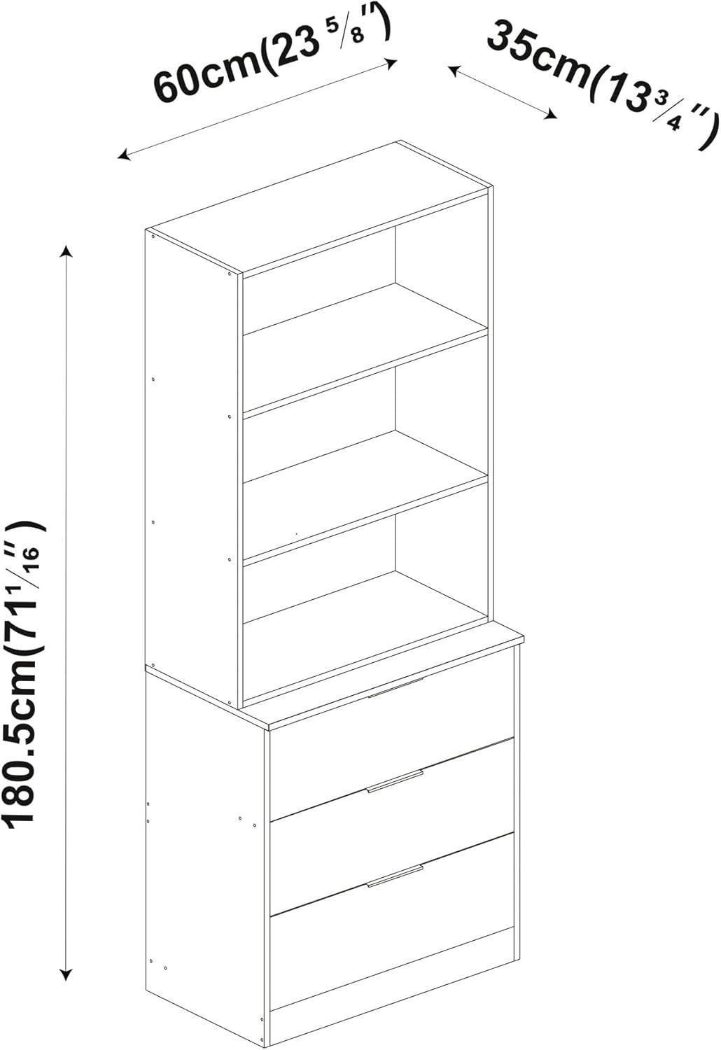 60cm Chest of 3 Drawers & Grey Bookcase – Tall Storage Cabinet Combo