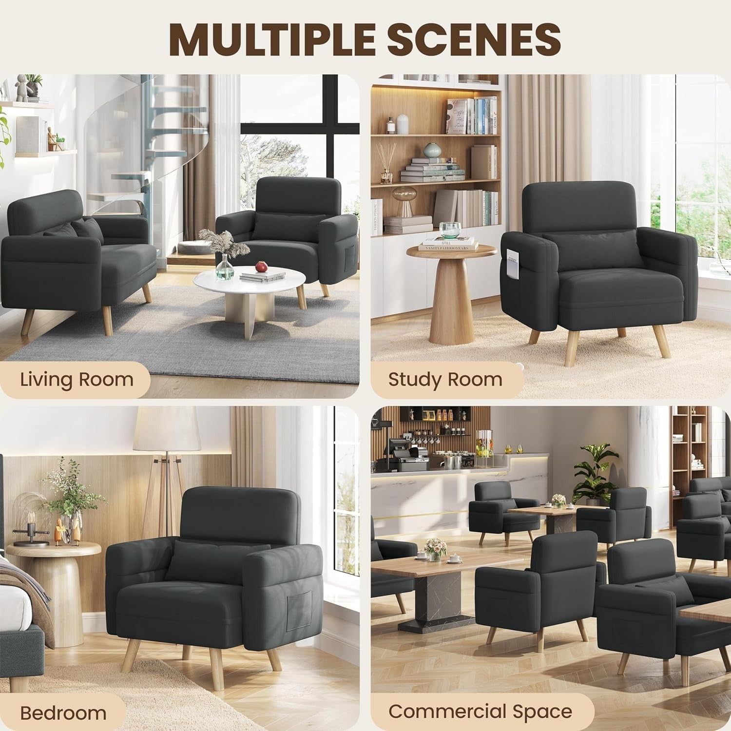 Modern Fabric Tub Armchair with Lumbar Pillow Side Pockets Grey