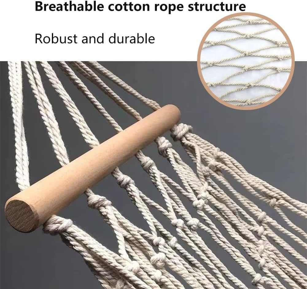 Cotton Rope Hammock with Wood Spreader | Indoor Outdoor Garden Swing