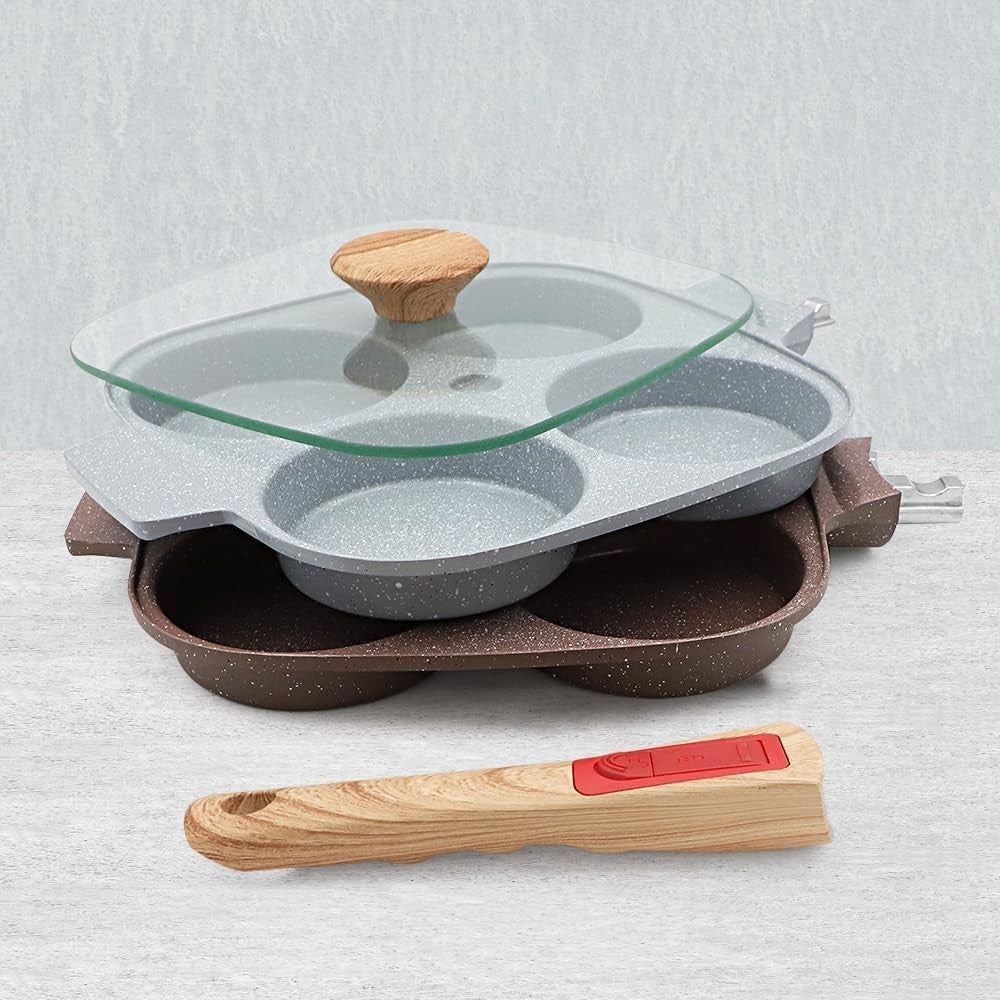 4-Cup Egg Pan Non-Stick Ceramic Pancake Skillet w/ Lid & Detachable Handle Blue