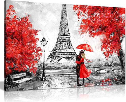 Paris Red Umbrella Canvas Wall Art 18x12 Framed Eiffel Tower