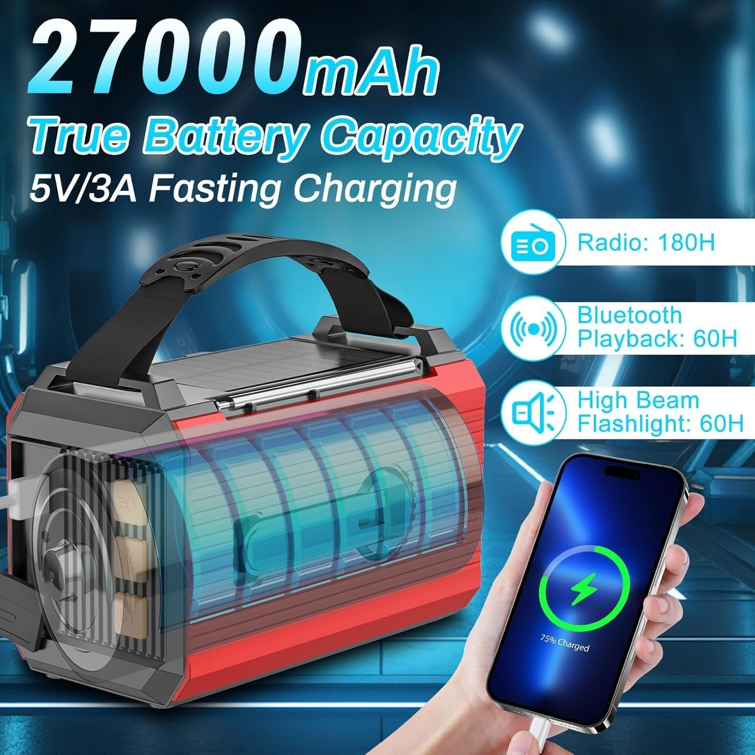 Solar Wind-Up Emergency Radio with 27000mAh Power Bank & SOS Torch