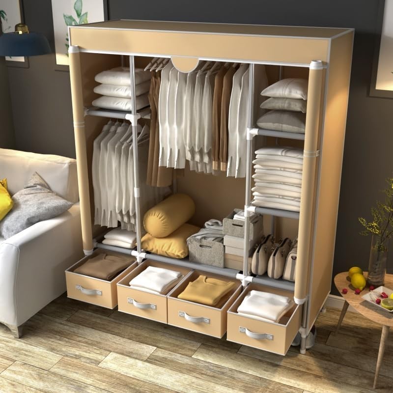 Canvas Wardrobe Storage with Drawers, Hanging Rail & Shelves – Durable, Space