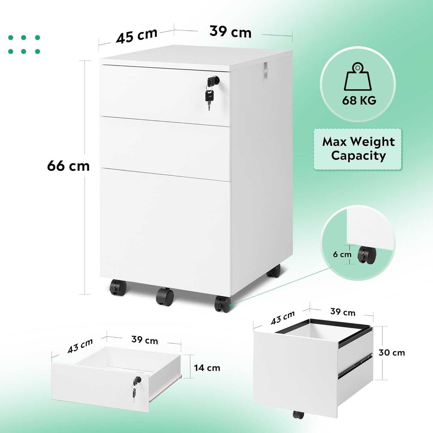White 3 Drawer Lockable Filing Cabinet on Wheels – A4 Home Office Storage Unit