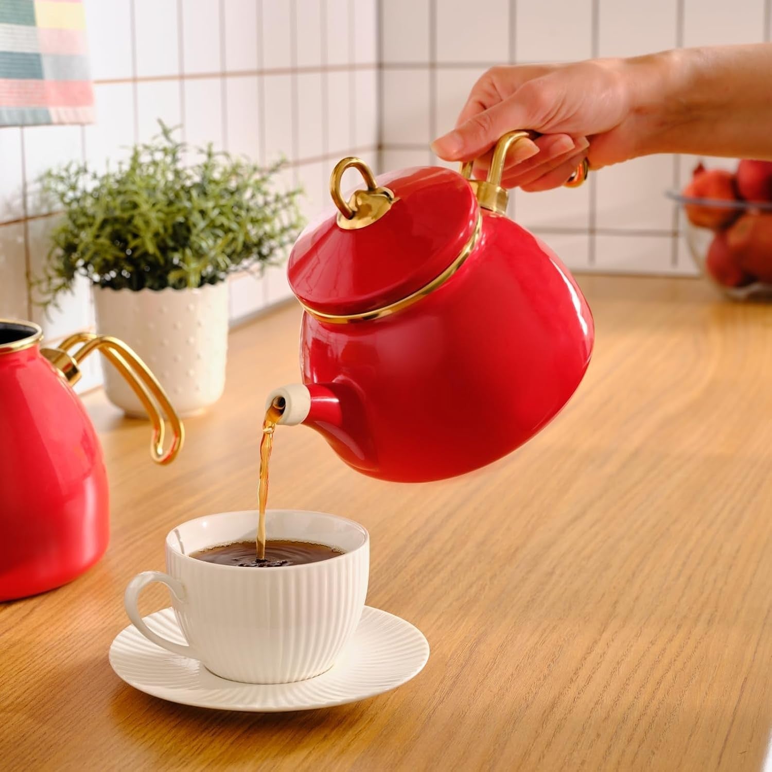 Red Enamel Turkish Tea Kettle Set 1.1L Teapot 2.3L Induction Safe
