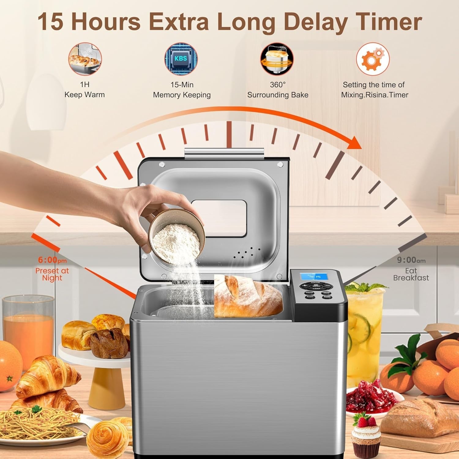 Bread Maker Machine 19 Programs 2.2LB Extra Large Sourdough Stainless Steel