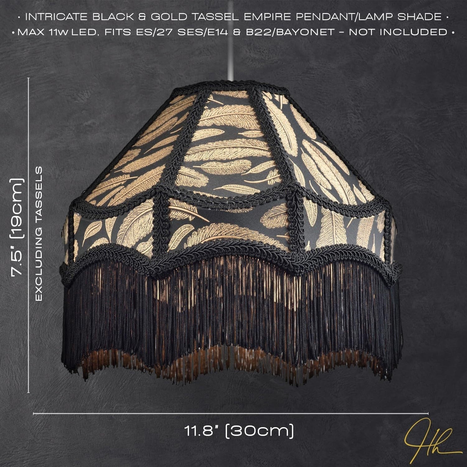 Victorian Empire Lampshade Black Jacquard Gold Leaf Tassel 30cm
