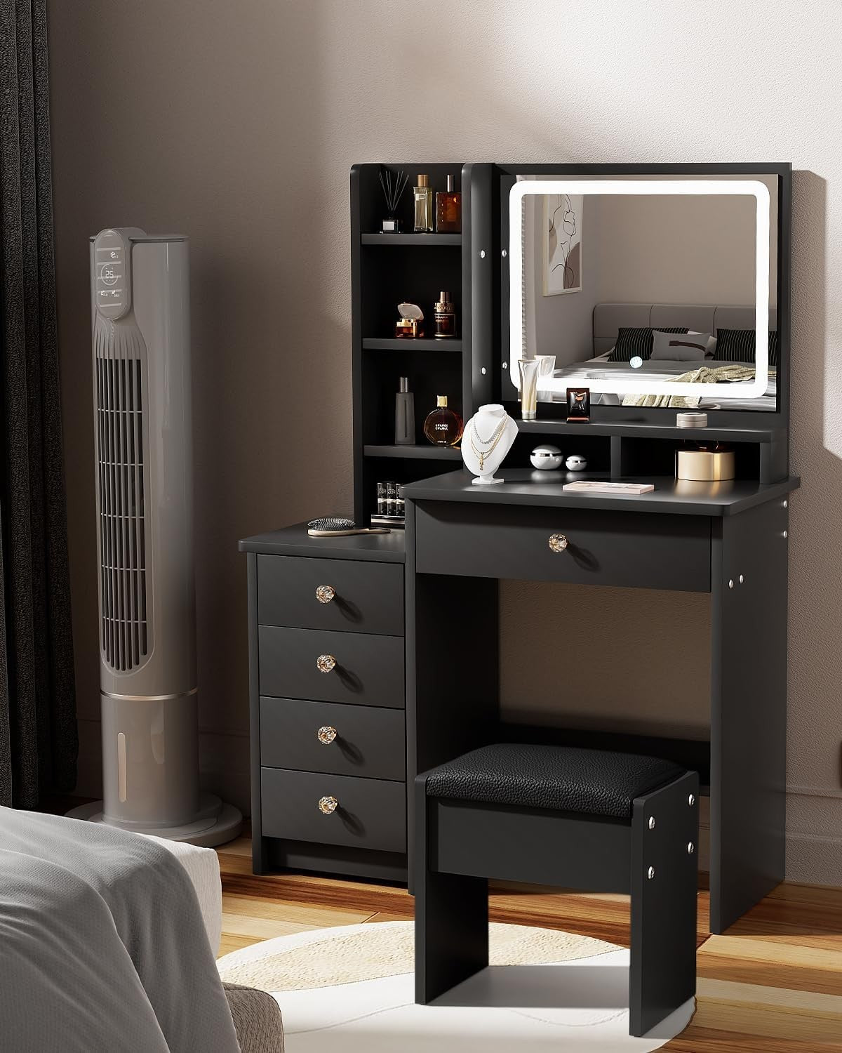 Black Vanity Table LED Mirror 5 Drawers Makeup Desk Dressing Table Stool Set