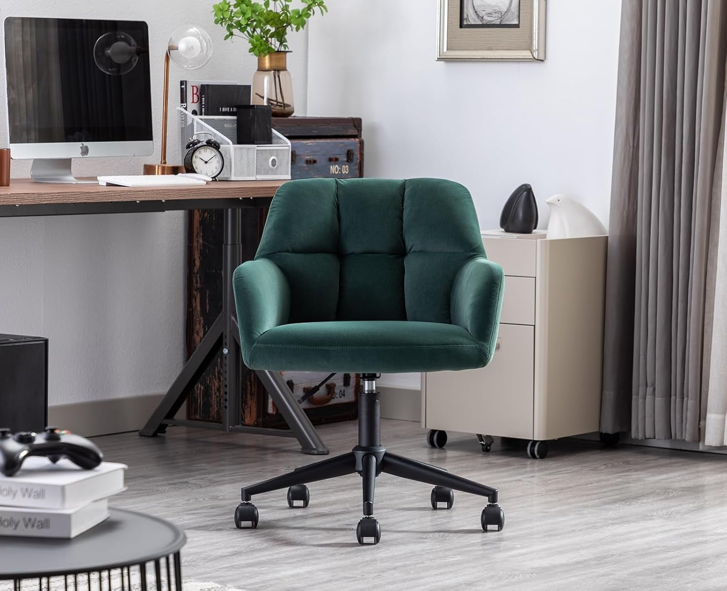 Green Velvet Office Chair Swivel Desk Chair Padded Seat Solid Back Home Study
