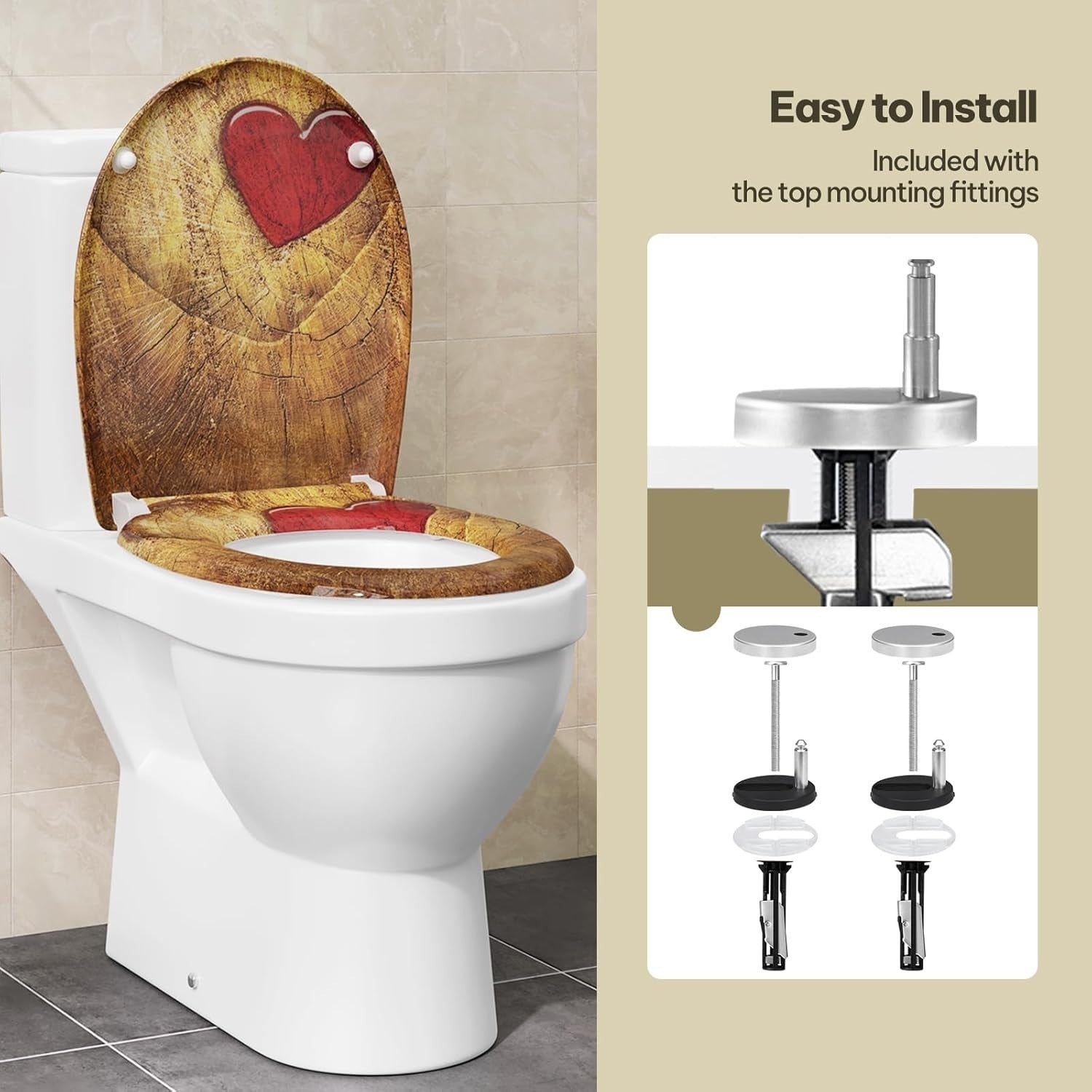 Soft Close O-Shaped Toilet Seat Quick Release Duroplast Rustic Wood Heart Print