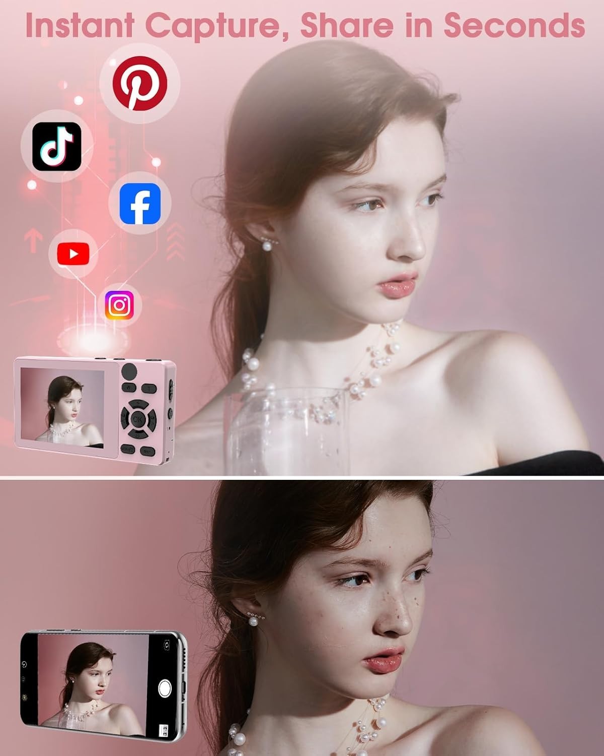 4K 64MP Digital Camera Dual Lens Compact Camera 18X Zoom Pink USB-C