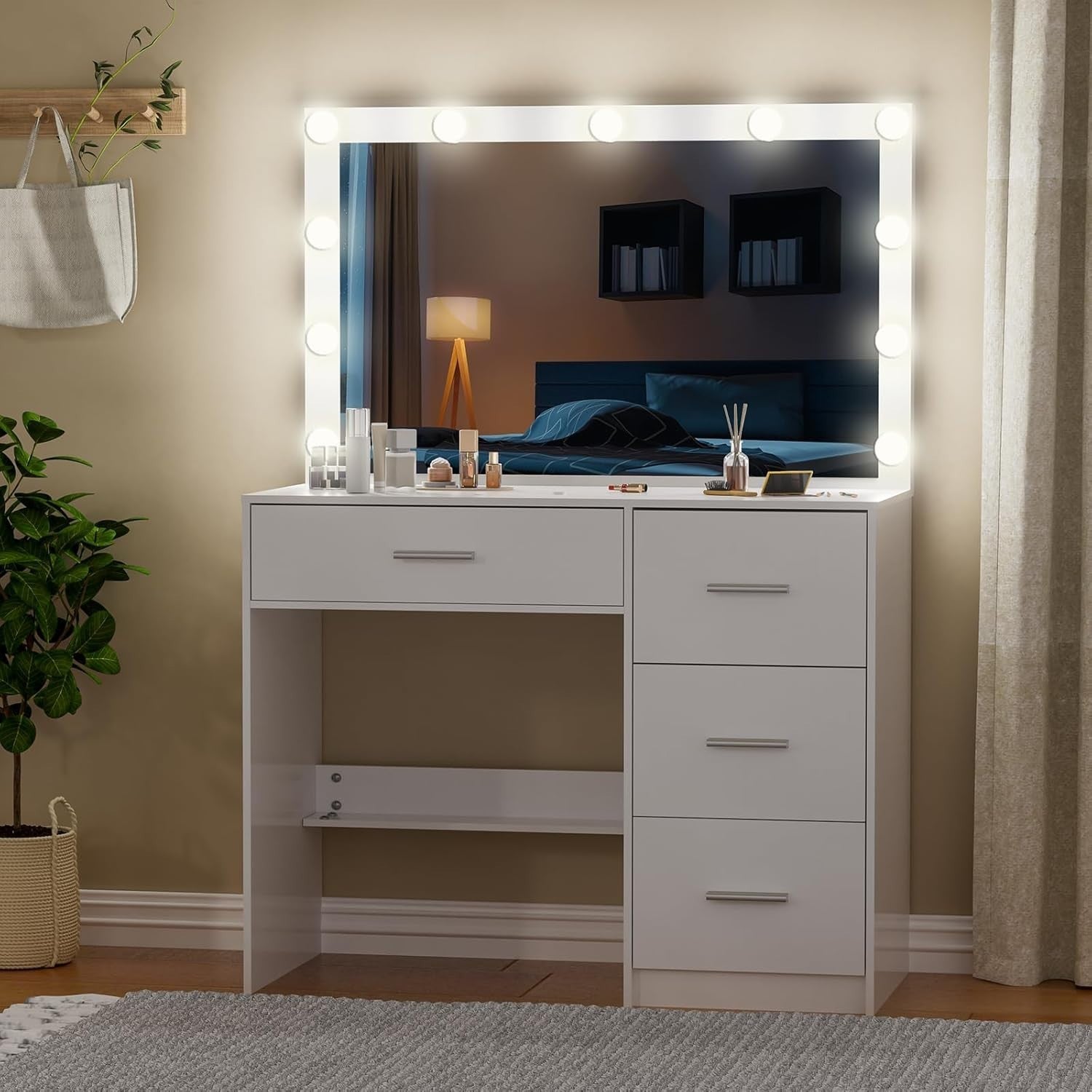 Vanity Dressing Table Desk with Mirror 11 LED Lights 4 Drawers White Wood Minima