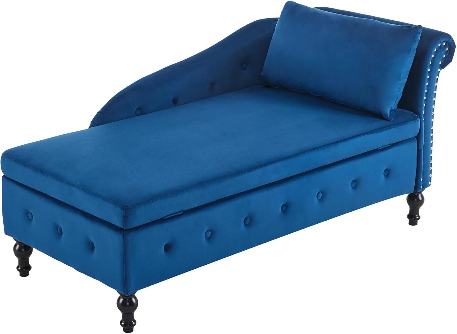 Velvet Chaise Lounge Sofa w/Storage & Pillow Right Armrest Blue Tufted