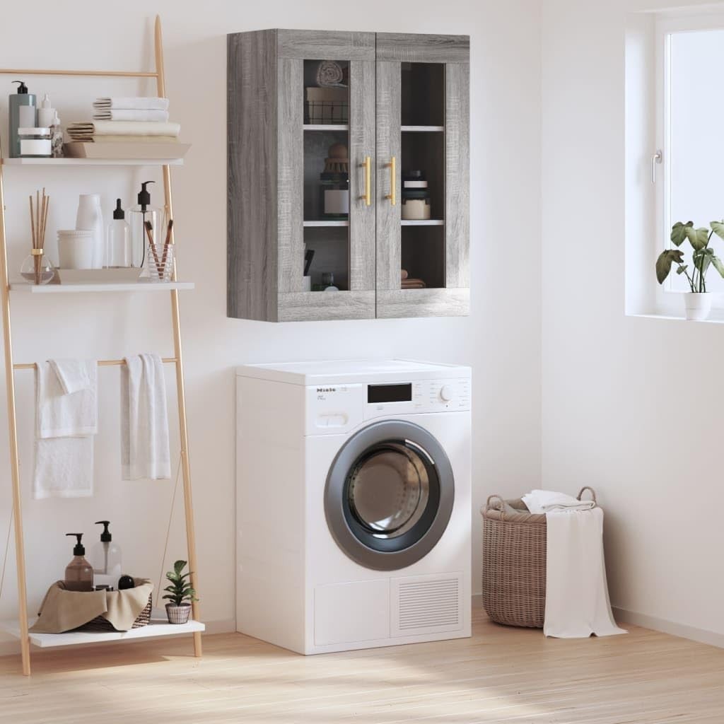 Wall Mounted Grey Sonoma Storage Cabinet with Glass Doors & Gold Handles
