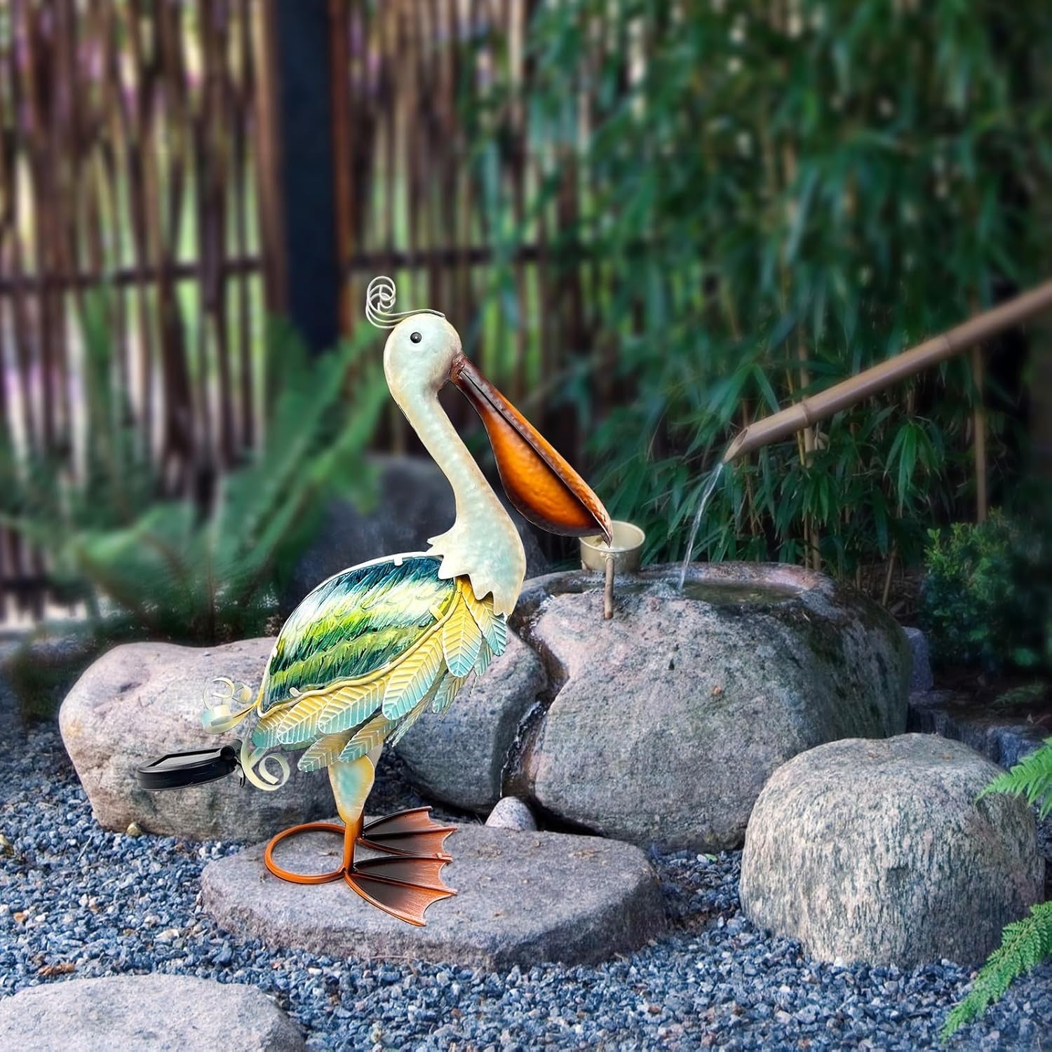 Solar Pelican Garden Statue 40.6cm Metal Glass Coastal Bird Outdoor Yard Decor