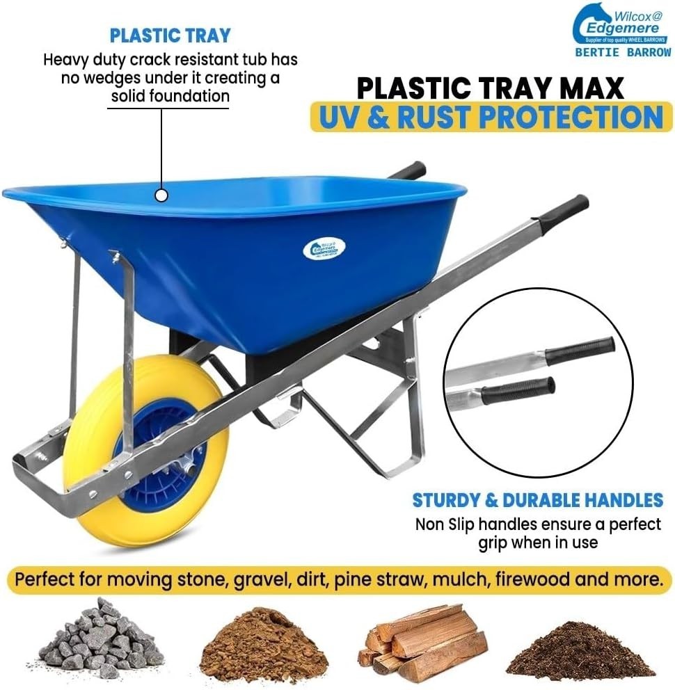 120L Garden Wheelbarrow – Blue/Yellow – PU Tubeless Tyre Heavy Duty Frame