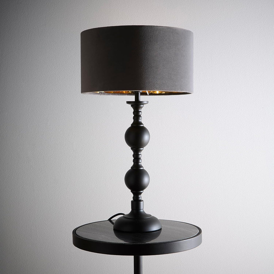 Black Metal Table Lamp Grey Velvet Shade Gold Interior E14 Light