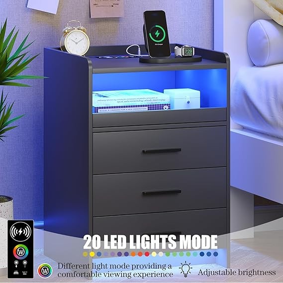 Grey LED Bedside Table with Charging Station, 3-Drawer Modern Nightstand Storage