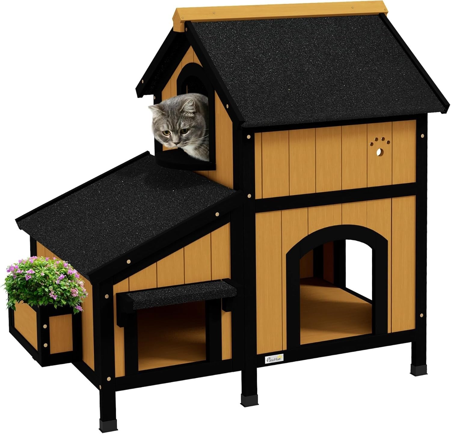 Outdoor Wooden Cat House with Flower Pot, Water-Resistant Roof & Multiple Entran