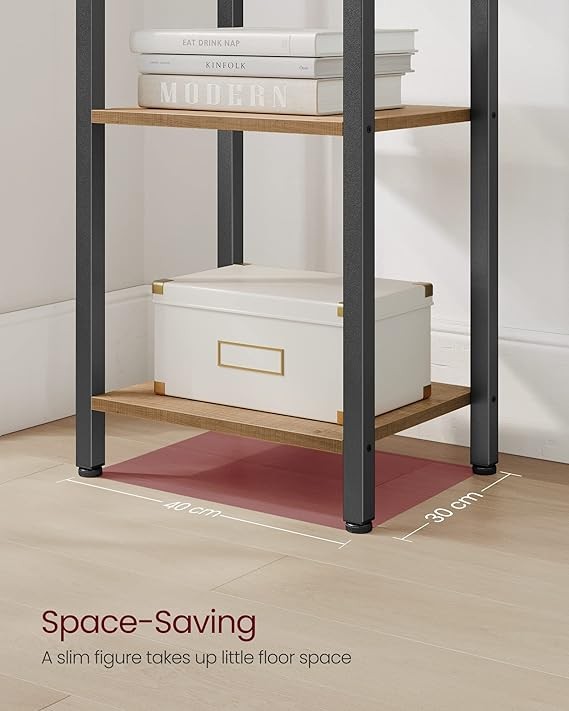 6-Tier Industrial Bookshelf Slim Wheat Brown Metal Wood Tall Storage Unit