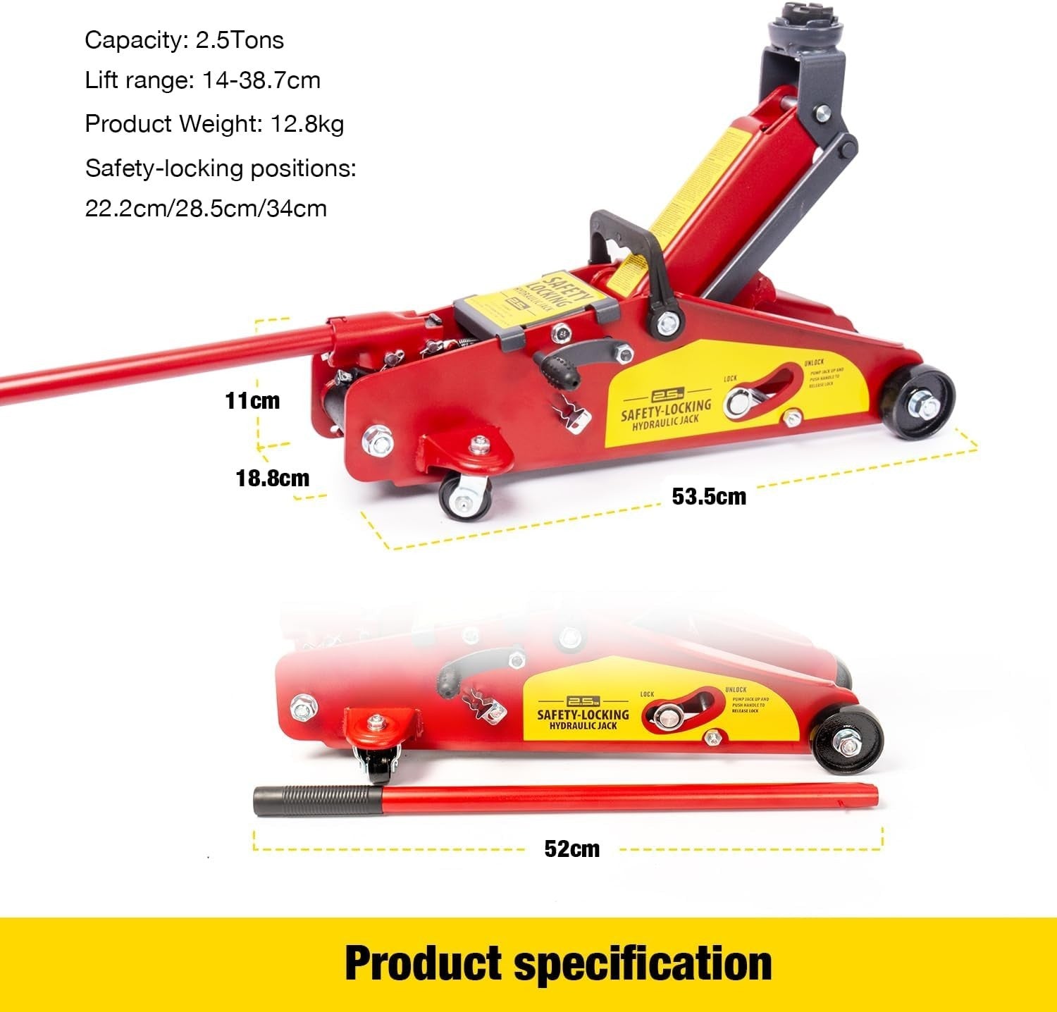 2.5 Ton Hydraulic Trolley Jack Auto-Locking Safety Lift 5.11–15.2" Heavy Duty