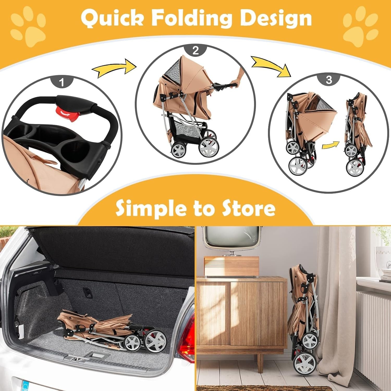 Beige Pet Stroller Foldable Dog Cat Pushchair 15kg Storage Basket