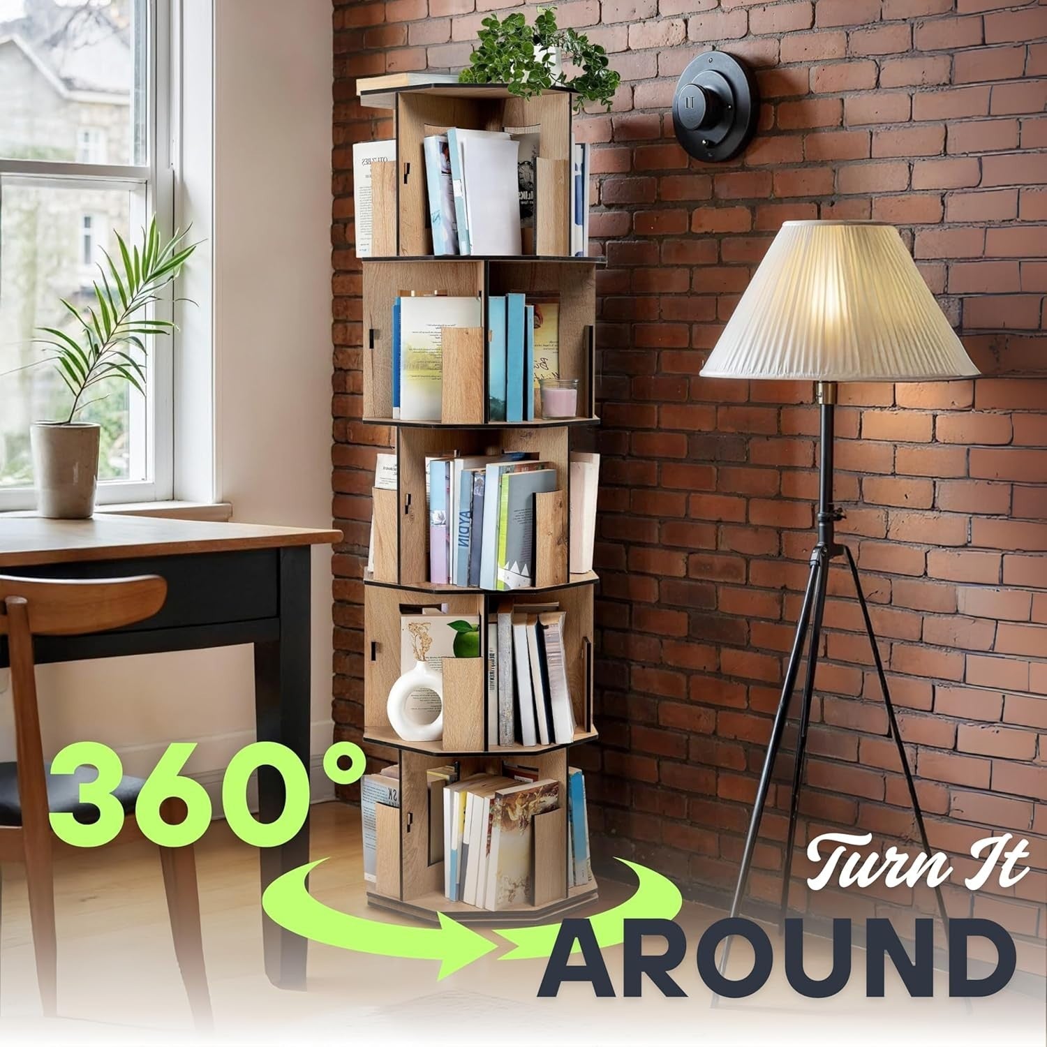 5 Tier Rotating Kids Bookshelf Corner Shelf Oak Wooden Storage Organizer